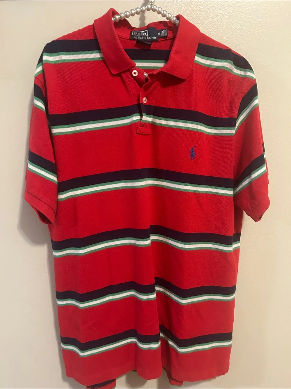 Polo Ralph Lauren Striped Polo Shirt Mens XL Custom Fit Red Navy Green Cotton