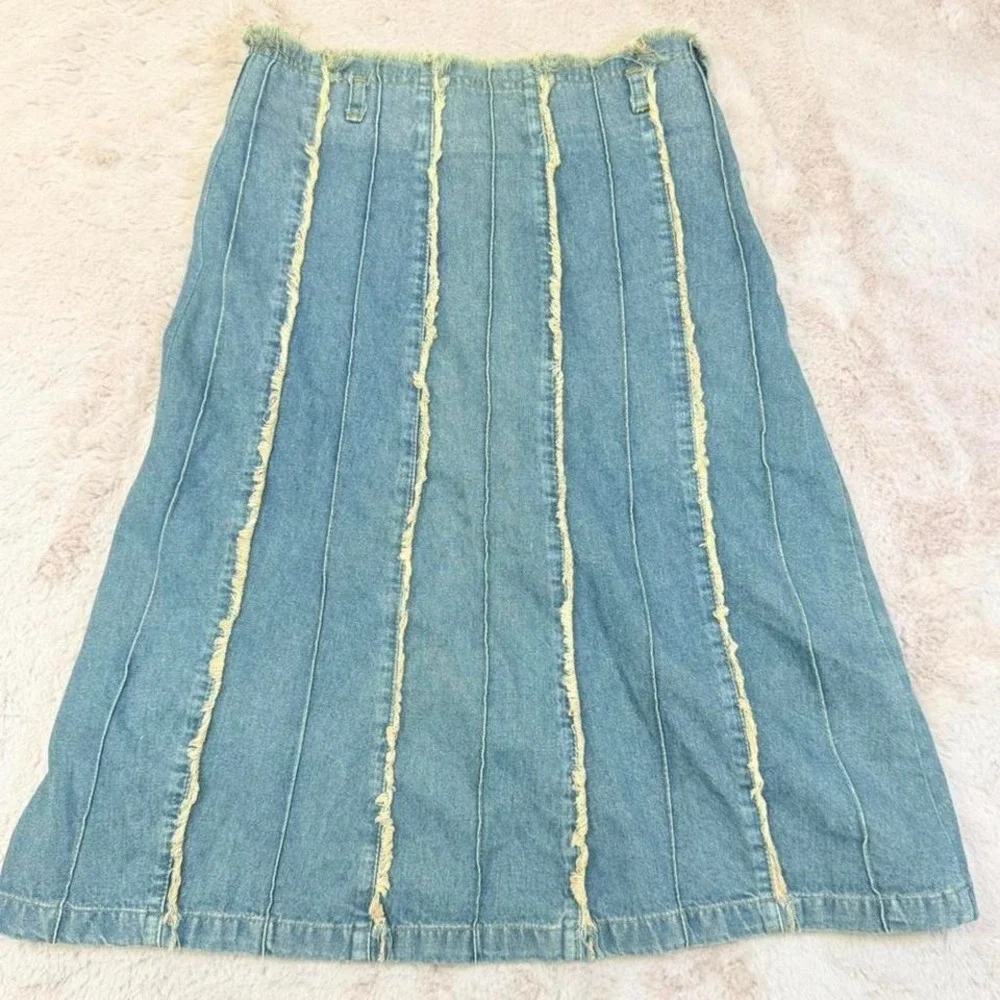 Fibbie Denim Midi Skirt Distressed Paneled Raw Hem Y2K‎ Low Rise Womens S