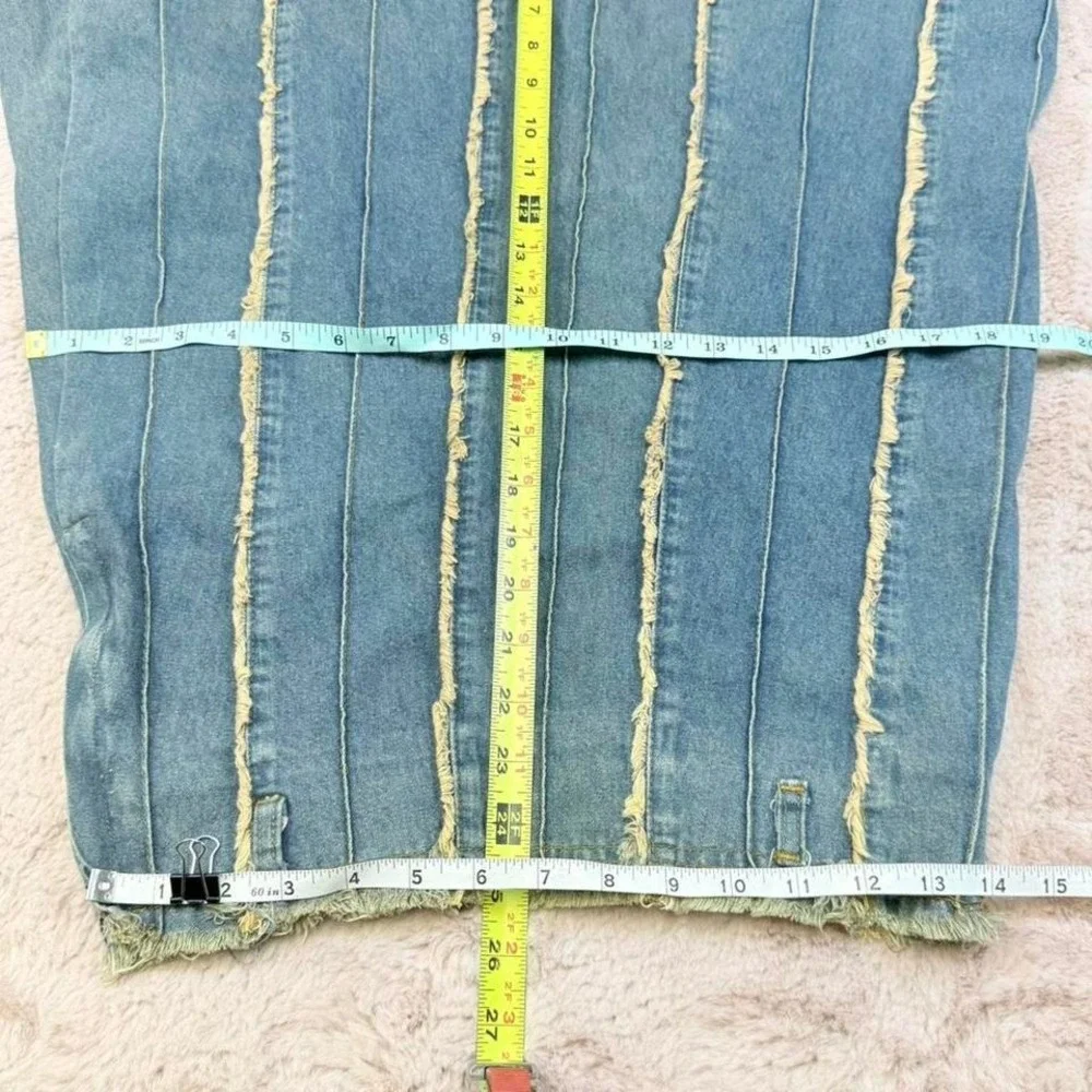 Fibbie Denim Midi Skirt Distressed Paneled Raw Hem Y2K‎ Low Rise Womens S