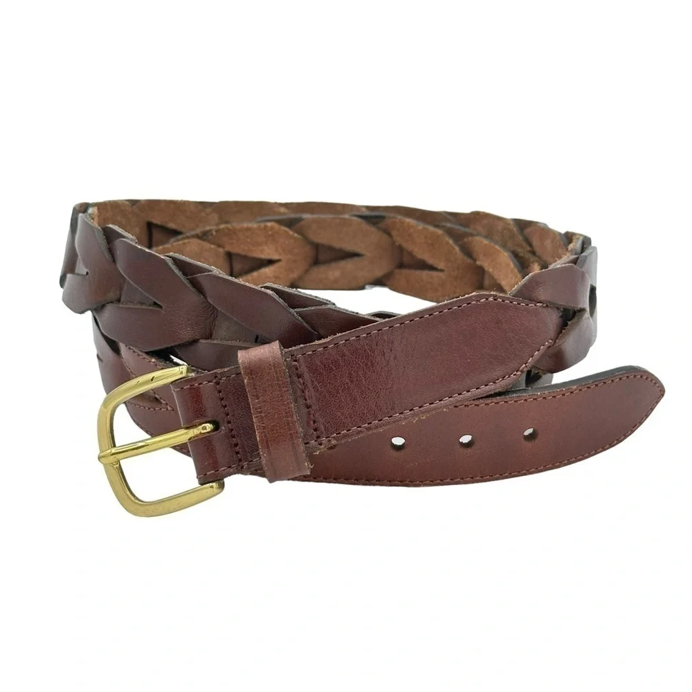 Brown Braided Woven‎ Leather Belt With Brass Buckle Size Medium