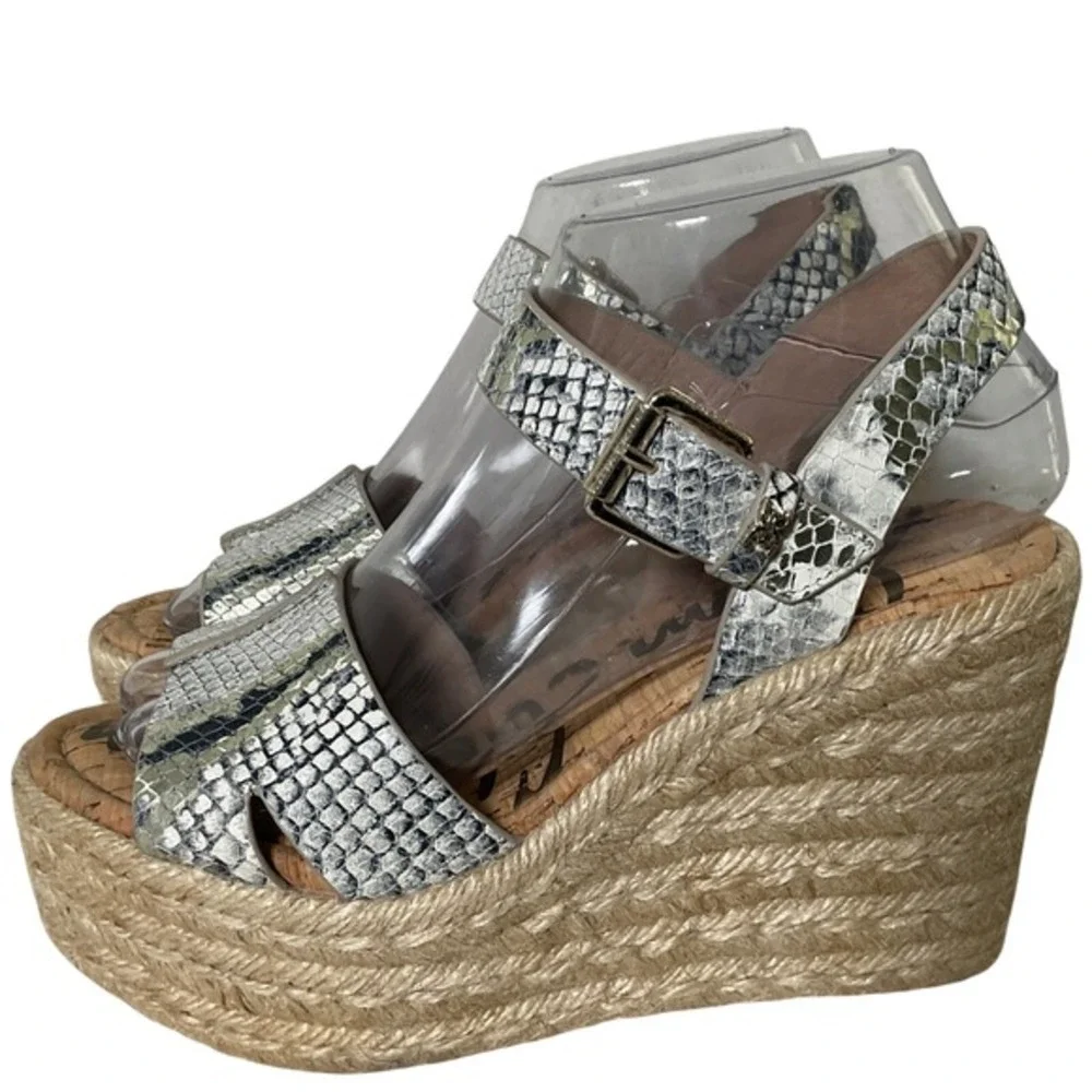 Sam‎ Edelman Maura Snakeskin Platform Wedge Espadrille Sandals White Black 6M