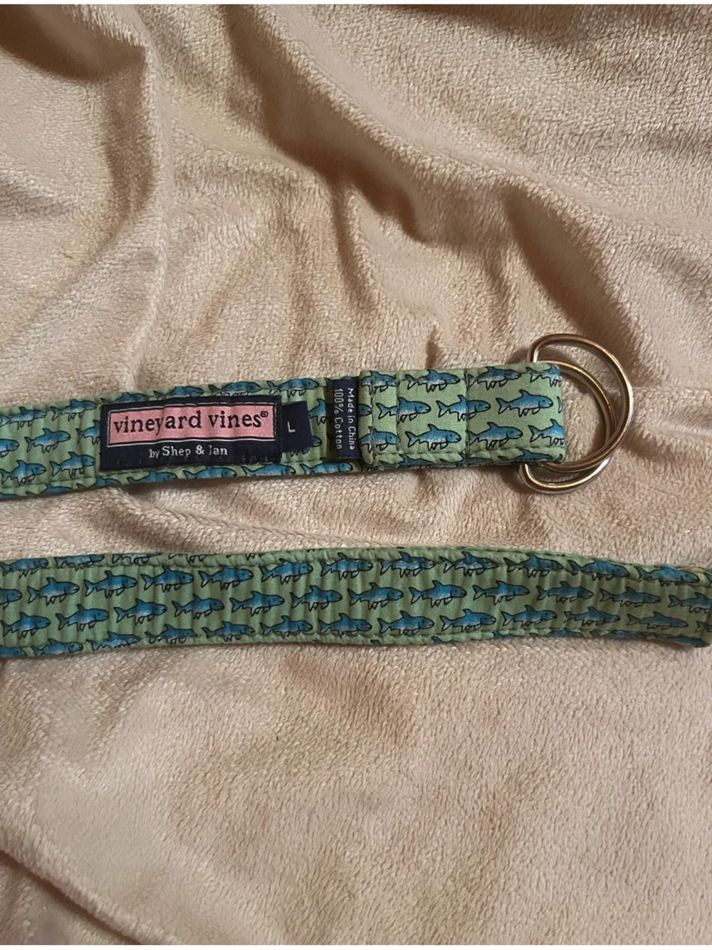 Vineyard Vines Green Belt with Blue Shark Print 34”