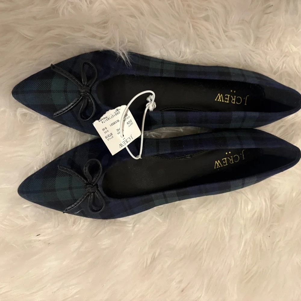 J.Crew Womens Black Watch Plaid Pointed Toe Bow Flats BT216 Size 8