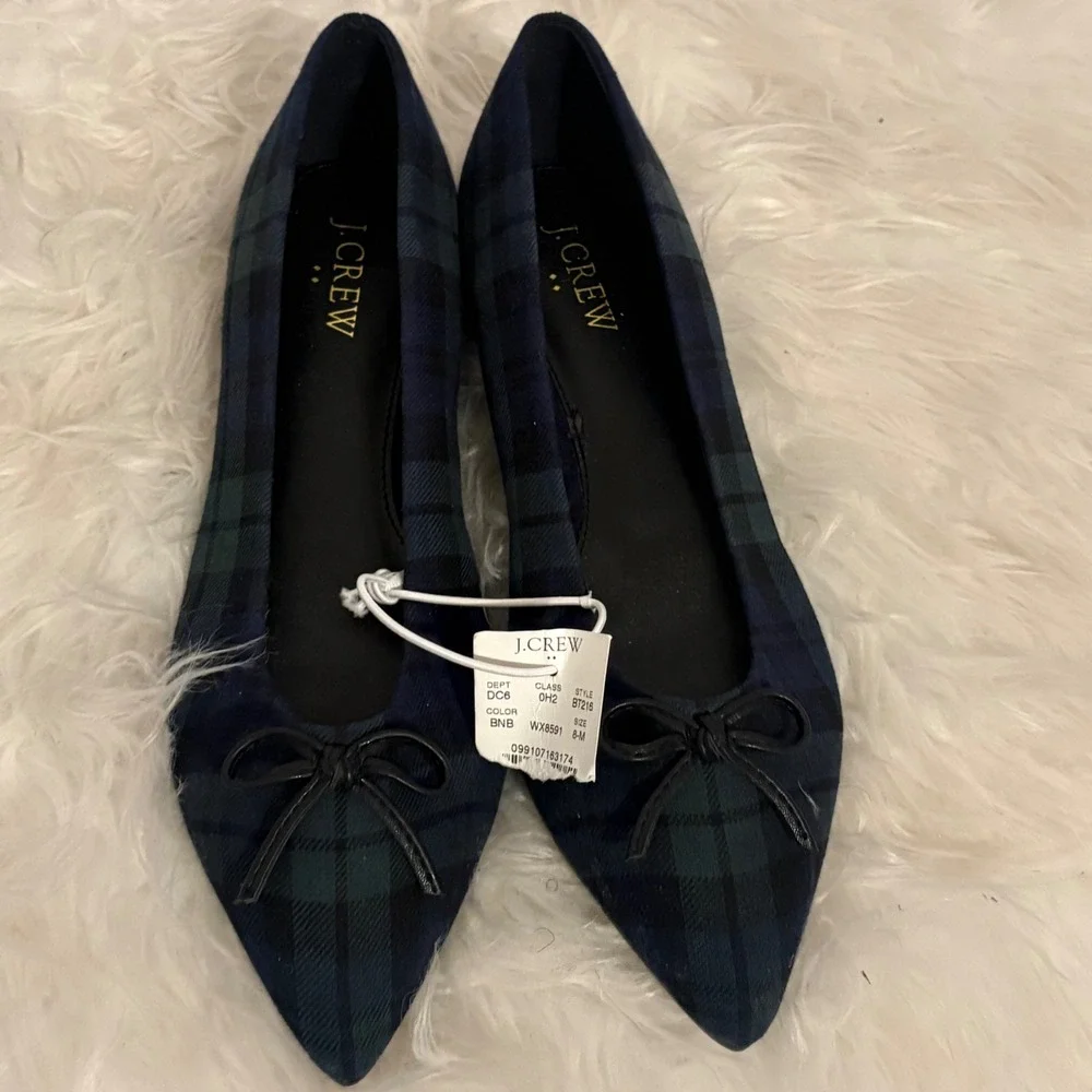 J.Crew Womens Black Watch Plaid Pointed Toe Bow Flats BT216 Size 8