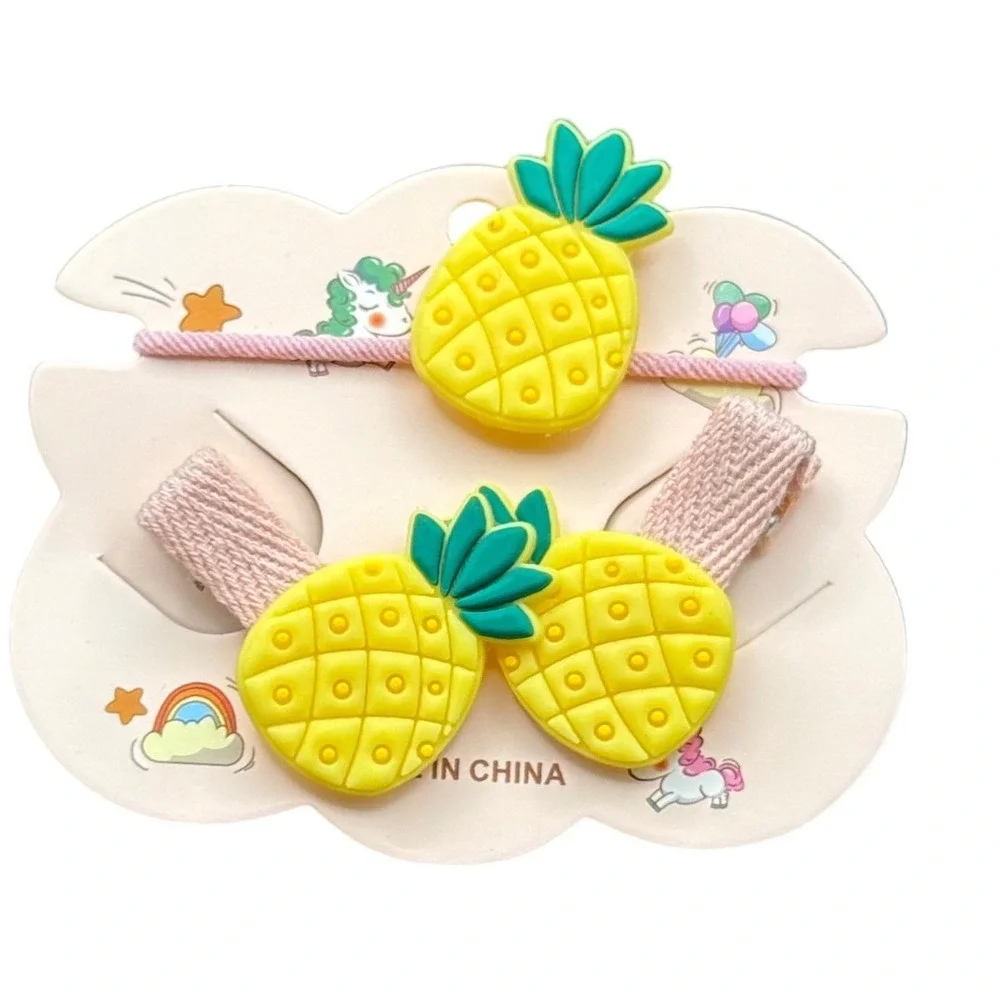Kids Pineapple Hair Accessory Set Pink Elastic Tie and Two Alligator Clips