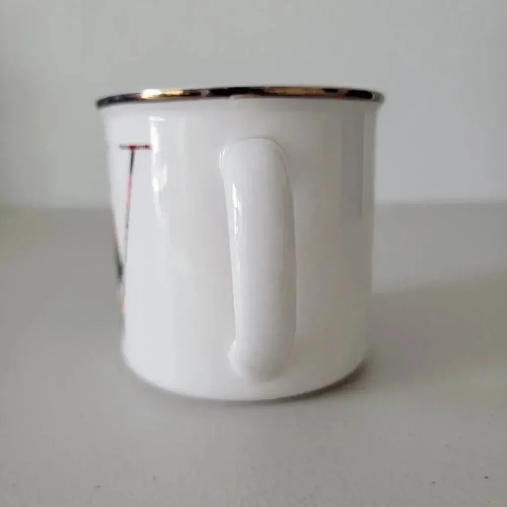 Pottery Barn Tartan Plaid W Monogram Mug Ivory Gold Rim Holiday Christmas