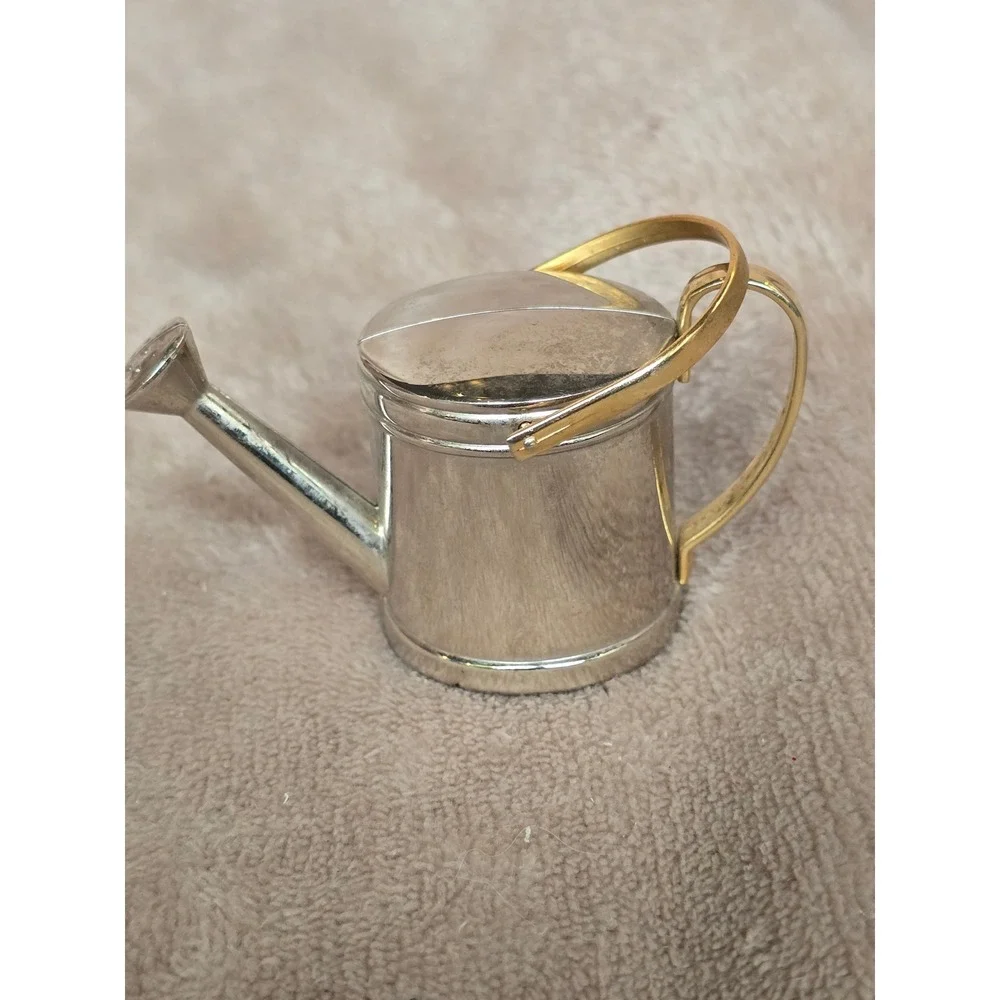Elgin Miniature Watering Can Desk Clock Silver Gold Tone Novelty Quartz Decor