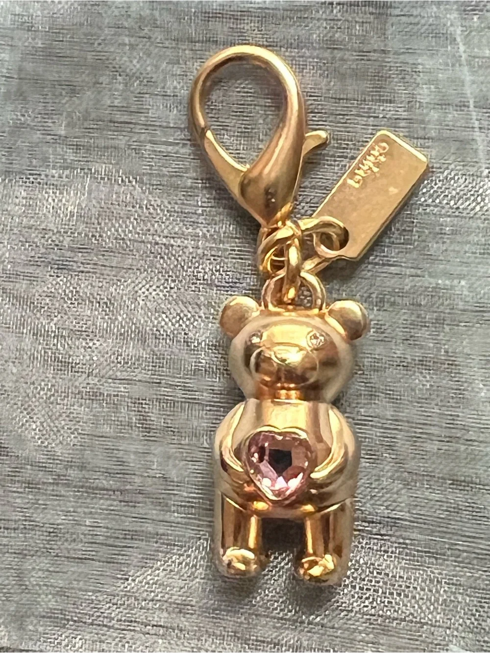 Coach Gold-tone Teddy Bear Charm with Pink Heart and crystal eyes
