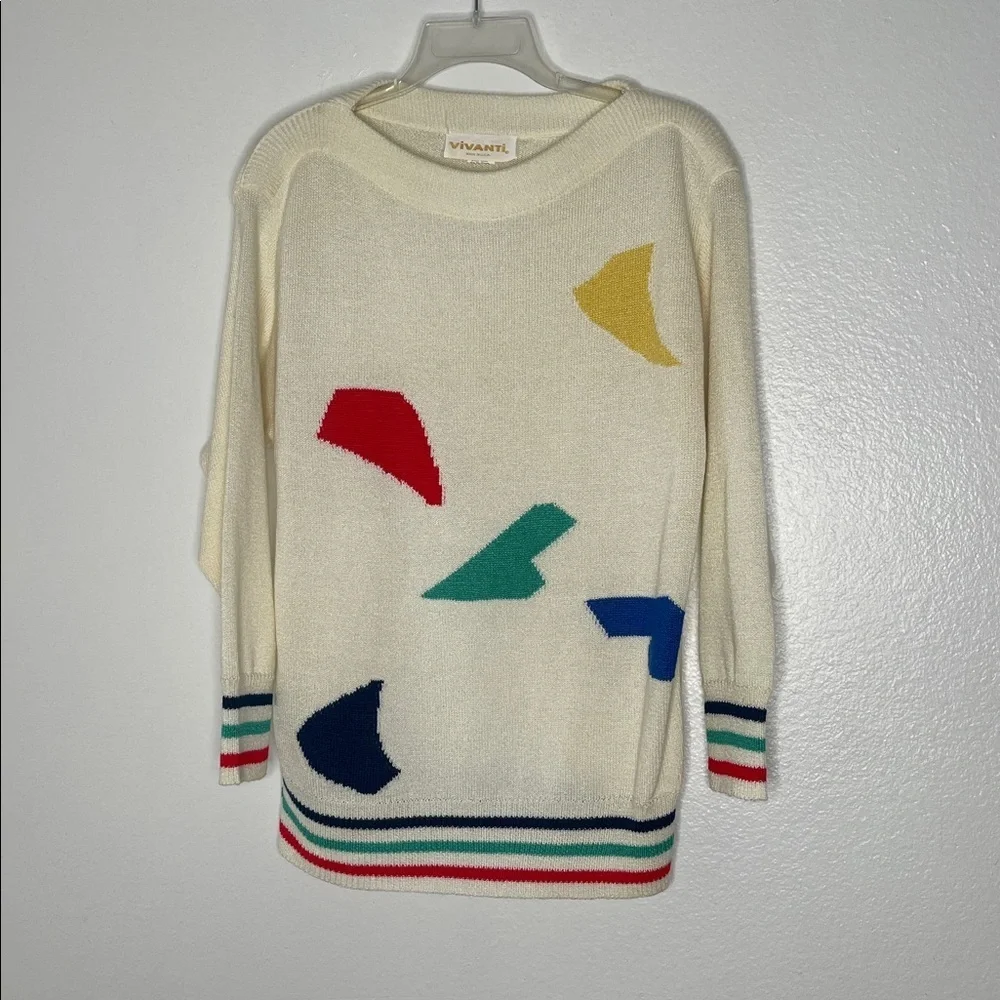 Vintage 80s Vivanti Geometric Knit Long Sleeve Ivory Sweater Women's Size 8