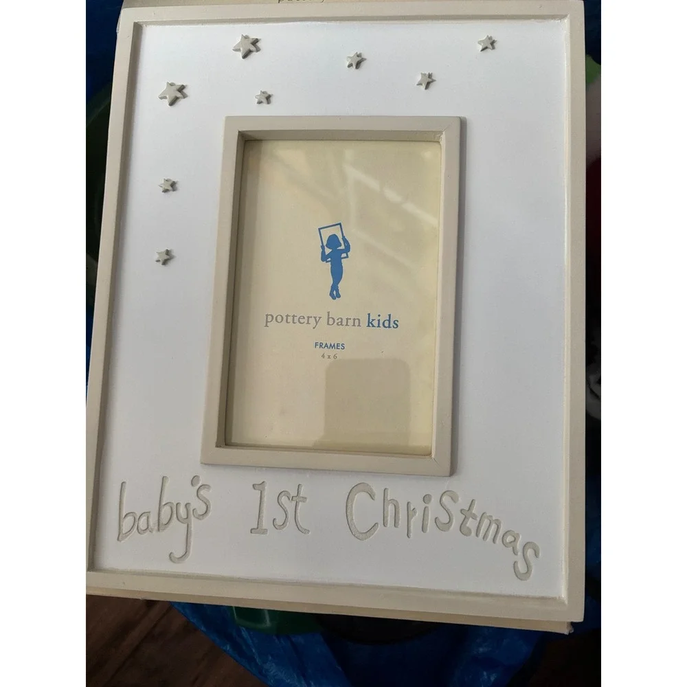 Pottery Barn Kids Babys 1st Christmas Picture Frame holds 4x6 Cream Stars New