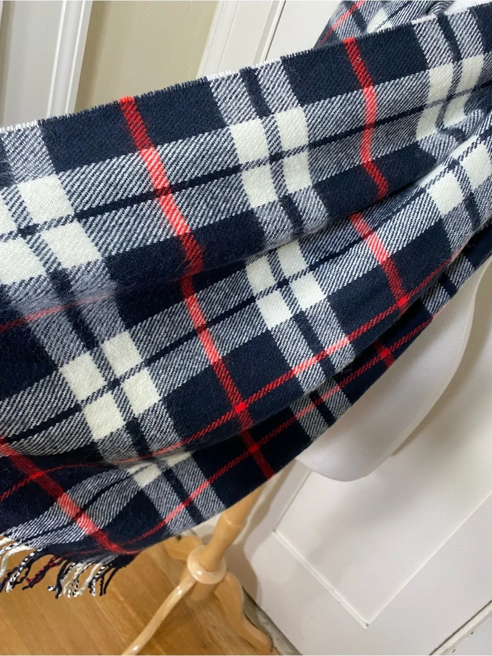 J. Crew Classic Navy & White & Red Plaid Knit Fall Winter Scarf with Fringe