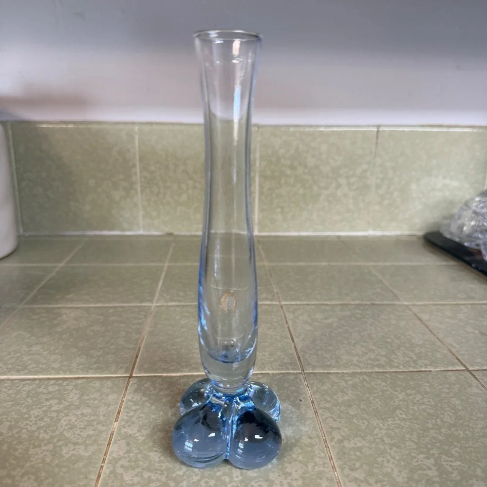 Vintage Swedish Art Glass Bud Vase Blue Clover Base Made in Sweden MCM 8 Inch