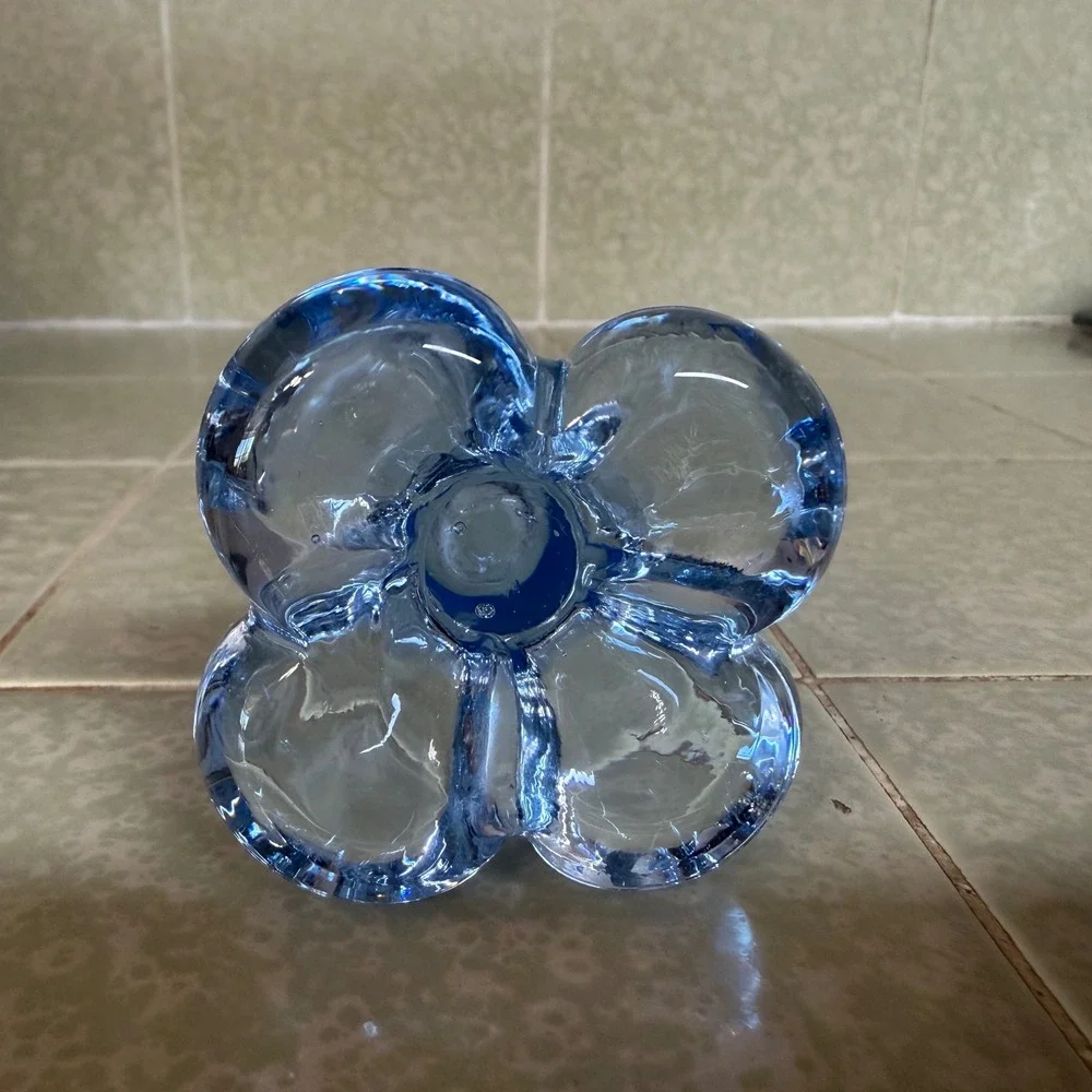 Vintage Swedish Art Glass Bud Vase Blue Clover Base Made in Sweden MCM 8 Inch