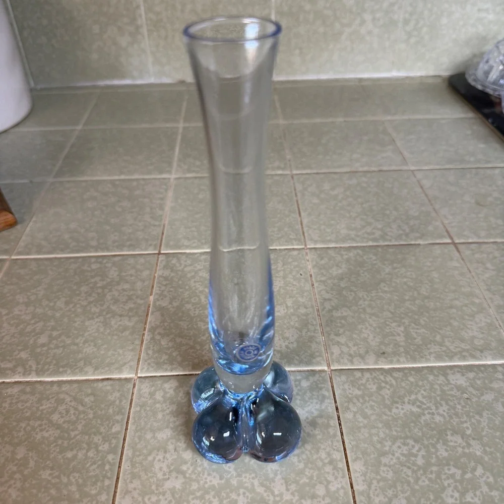 Vintage Swedish Art Glass Bud Vase Blue Clover Base Made in Sweden MCM 8 Inch