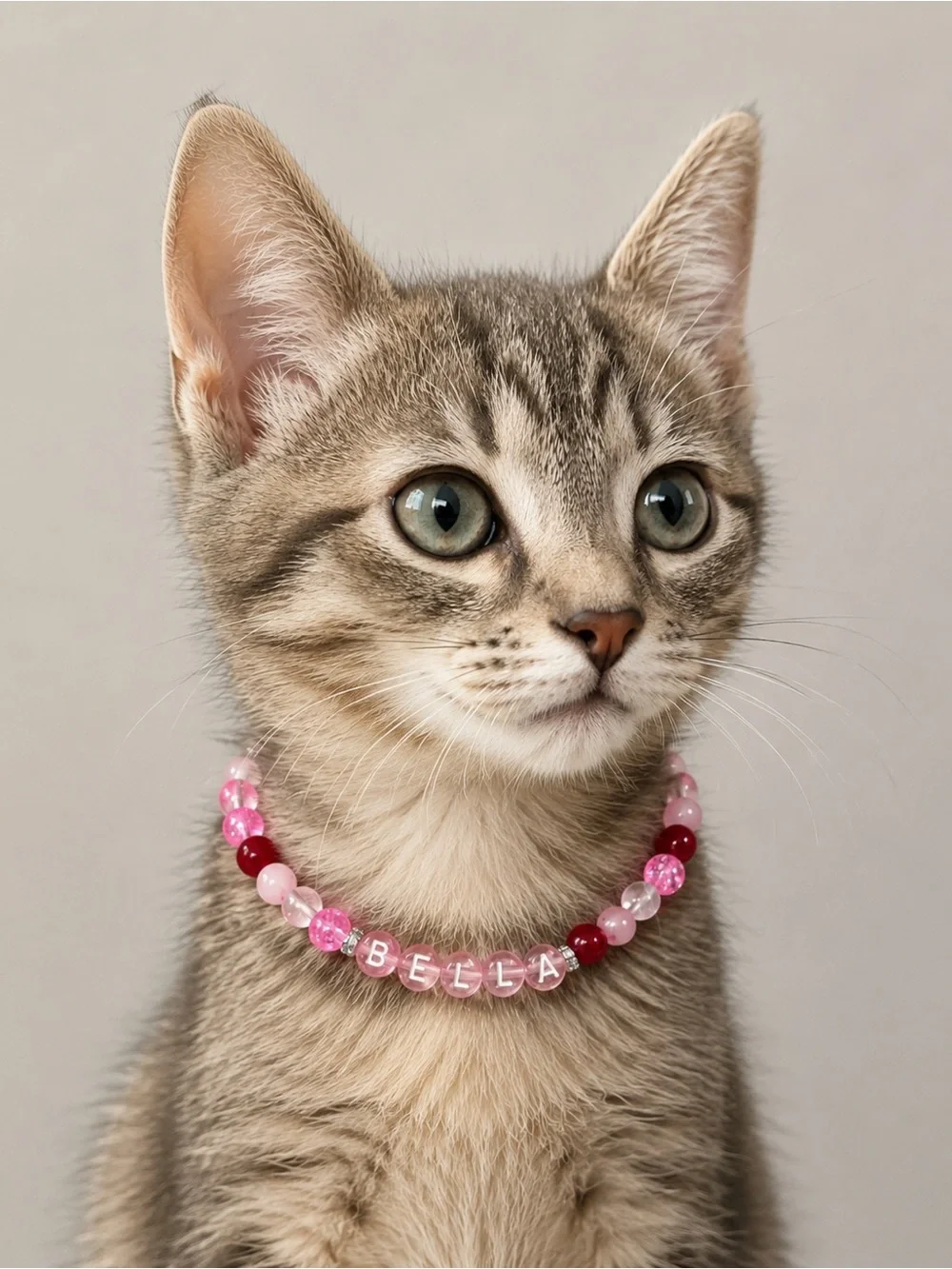 Bella Pink & Red Stretch Beaded Cat Collar – 9 Inch Personalized Pet Necklace