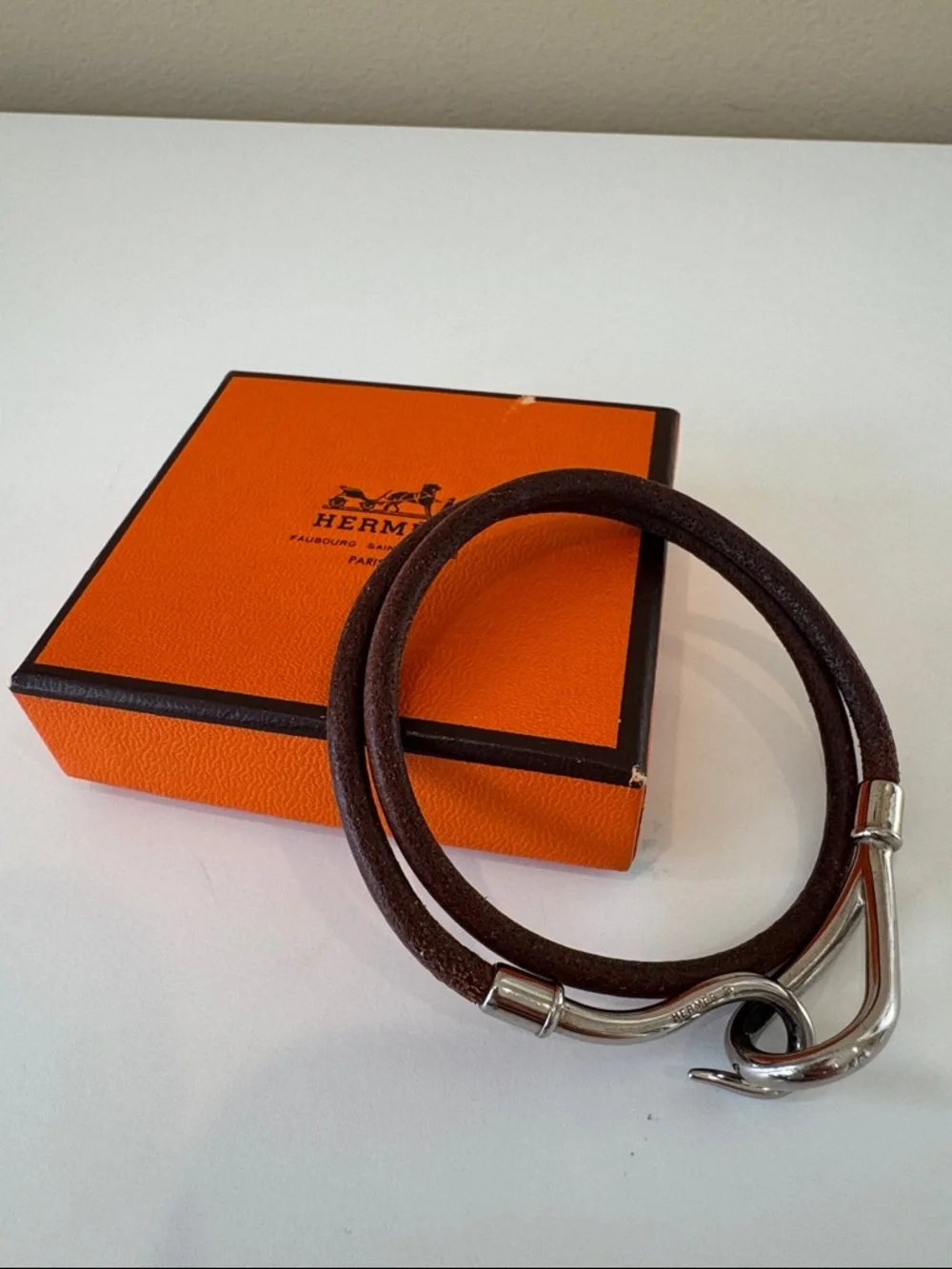 Hermes Orange Box with Brown Leather Double Wrap Bracelet or choker Silver Hook