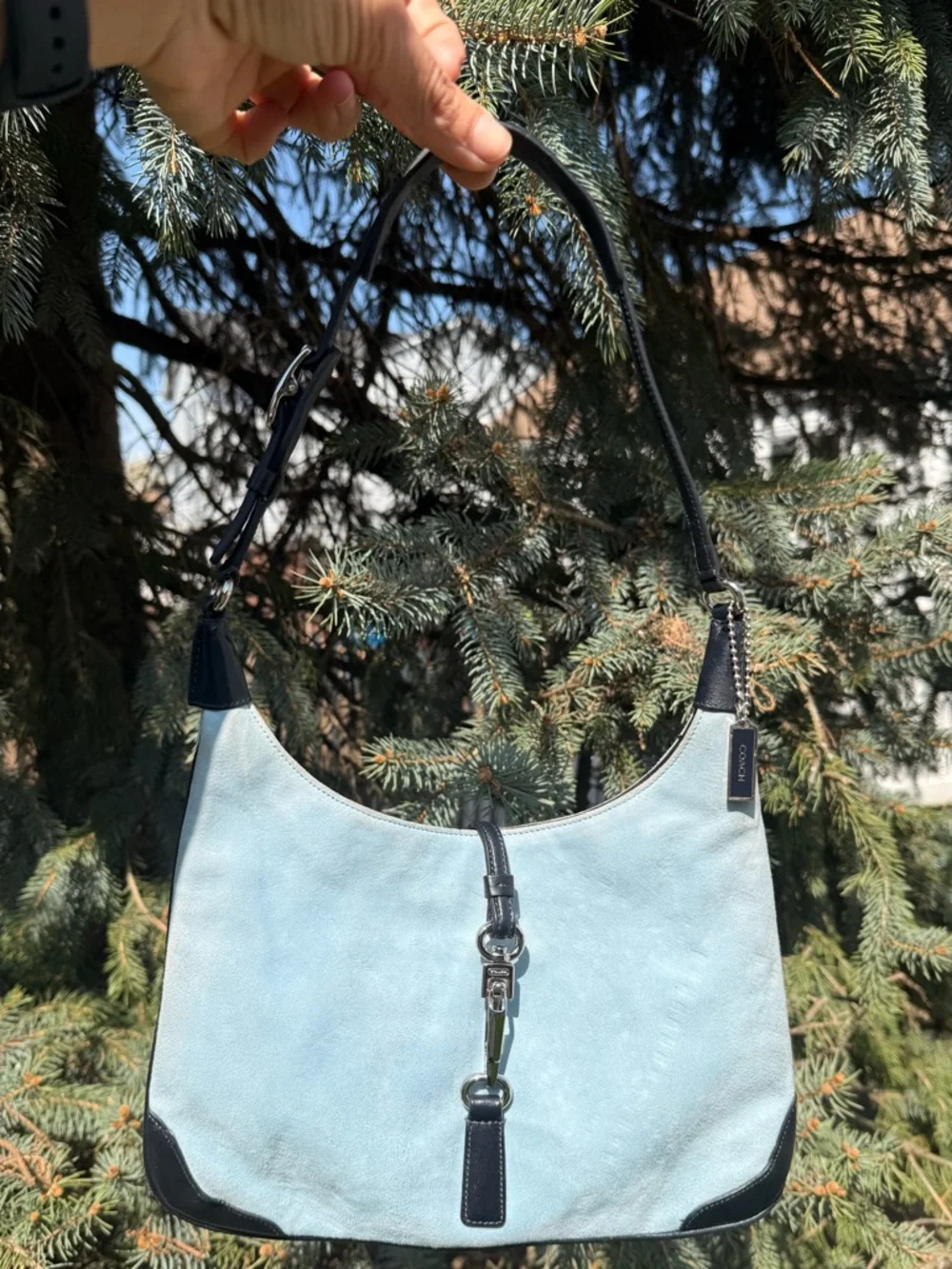 RARE COACH Y2K Baby Blue Suede Mini‎ Hampton Shoulder Bag Vintage