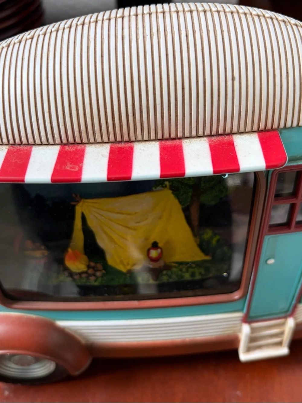 Vintage Camper plastic night light snow globe with Red-White Striped Awning