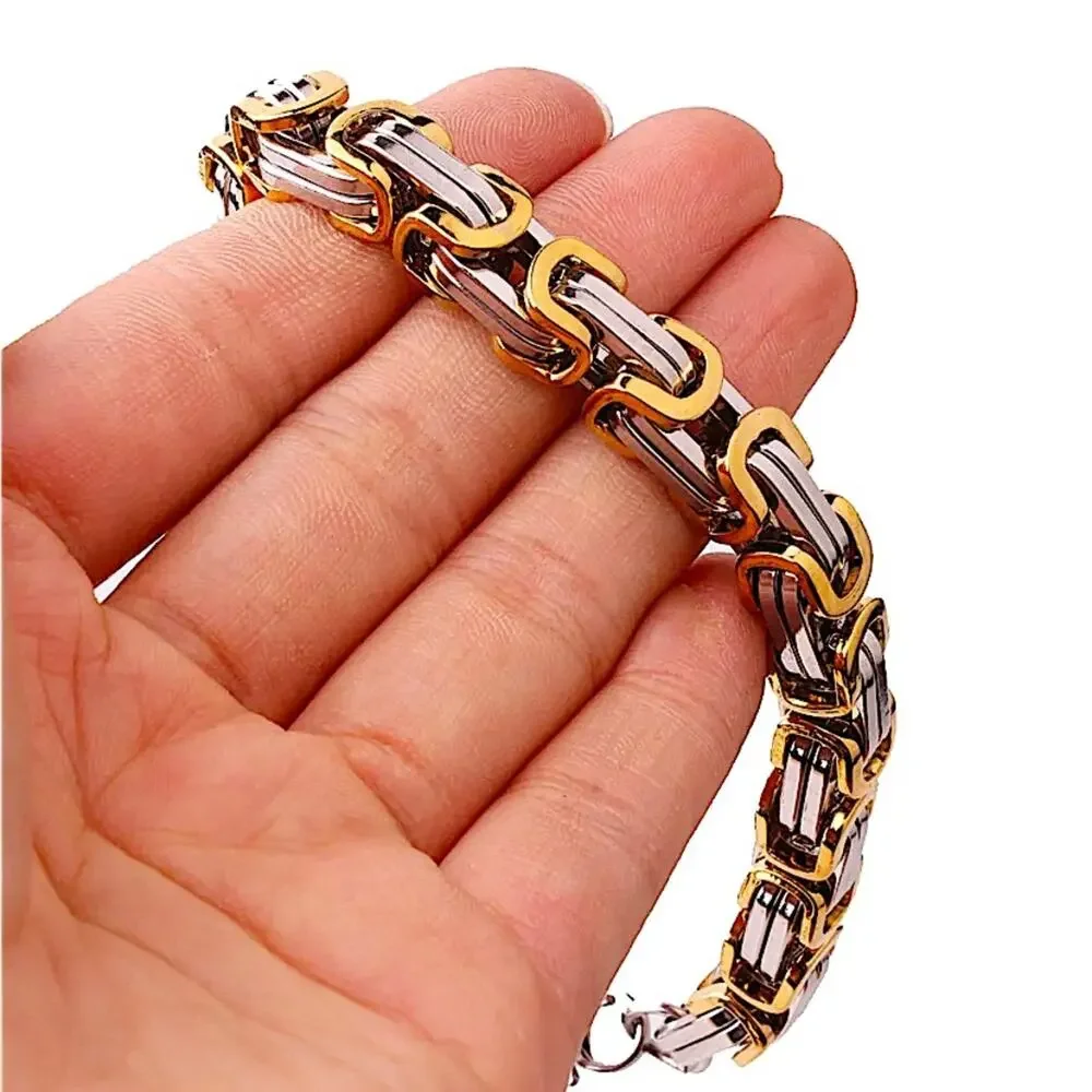 STAINLESS STEEL BYZANTINE MECHANIC SILVER GOLD BIKER BRACELET