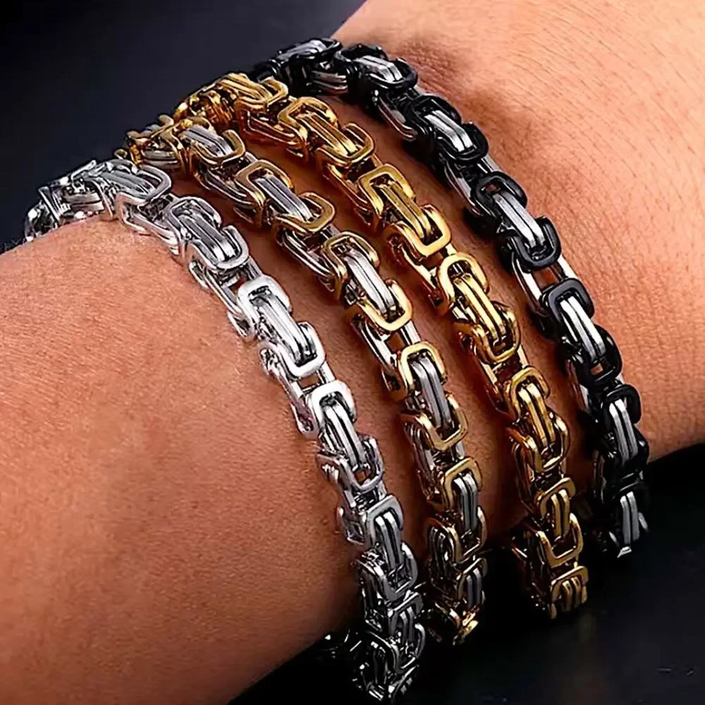 STAINLESS STEEL BYZANTINE MECHANIC SILVER GOLD BIKER BRACELET