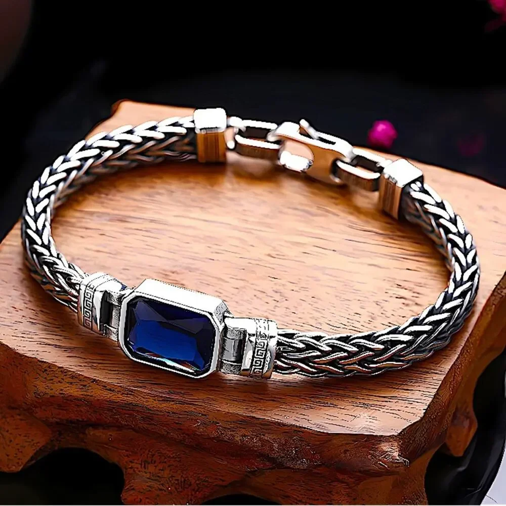 Sterling Silver Blue Zircon Braided Bracelet, Unisex, Handmade