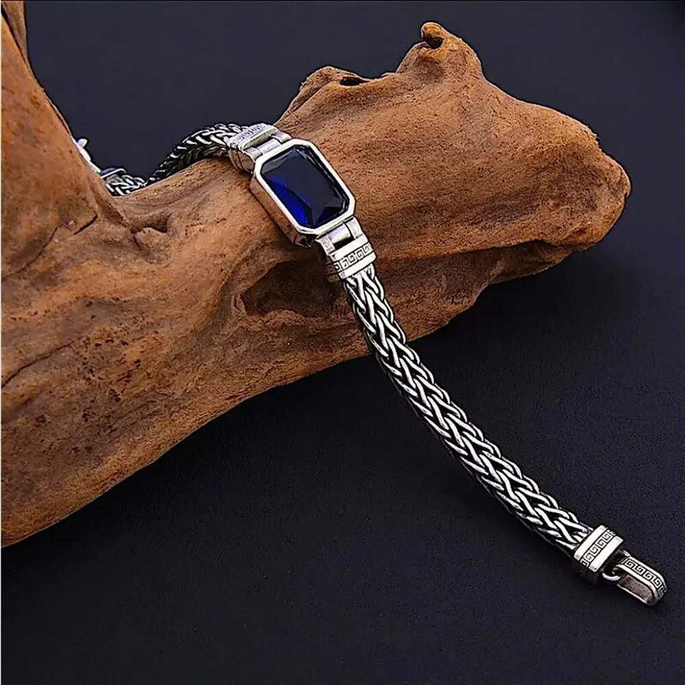 Sterling Silver Blue Zircon Braided Bracelet, Unisex, Handmade