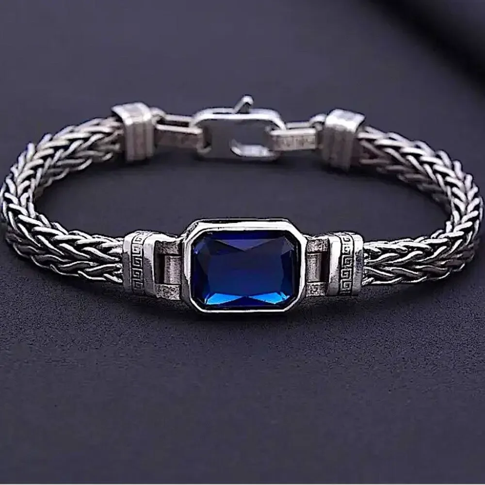 Sterling Silver Blue Zircon Braided Bracelet, Unisex, Handmade
