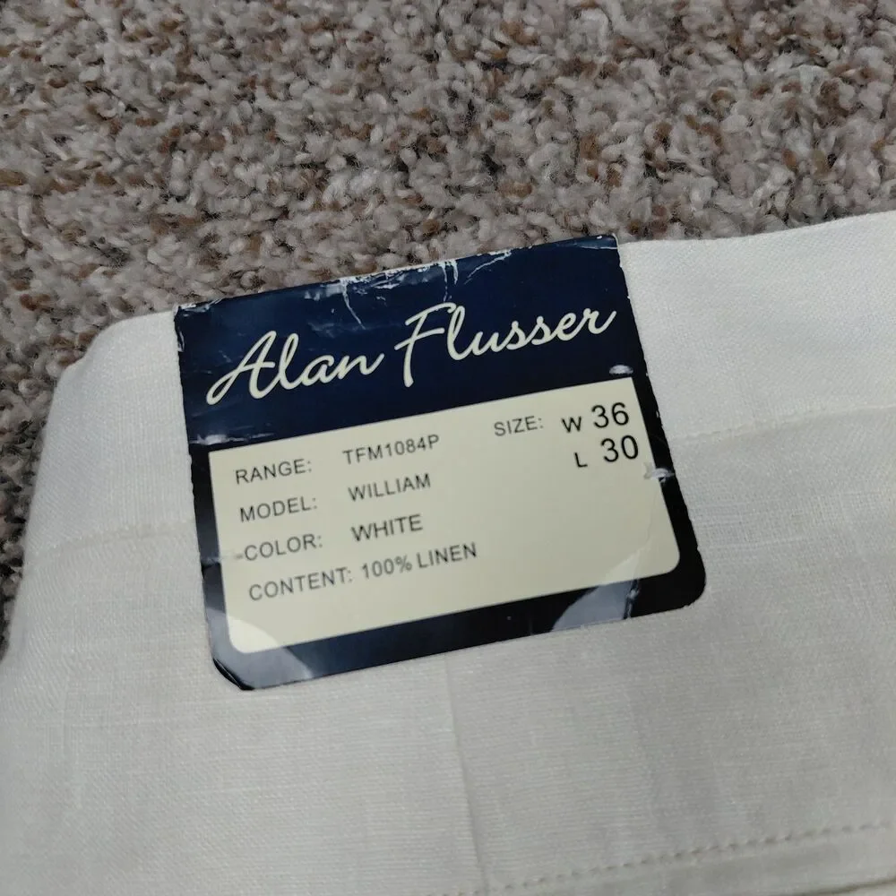 Alan Flusser 100% Linen Pants Mens 36x30 White Pleated Cuffed Trousers