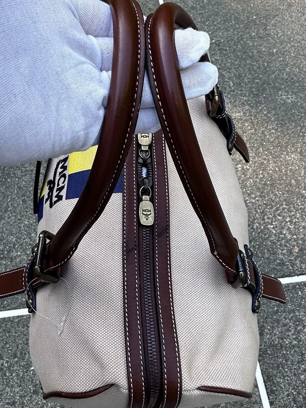 MCM Limited Beige Canvas Brown Leather Trim Boston Weekender Duffle Bag Unisex