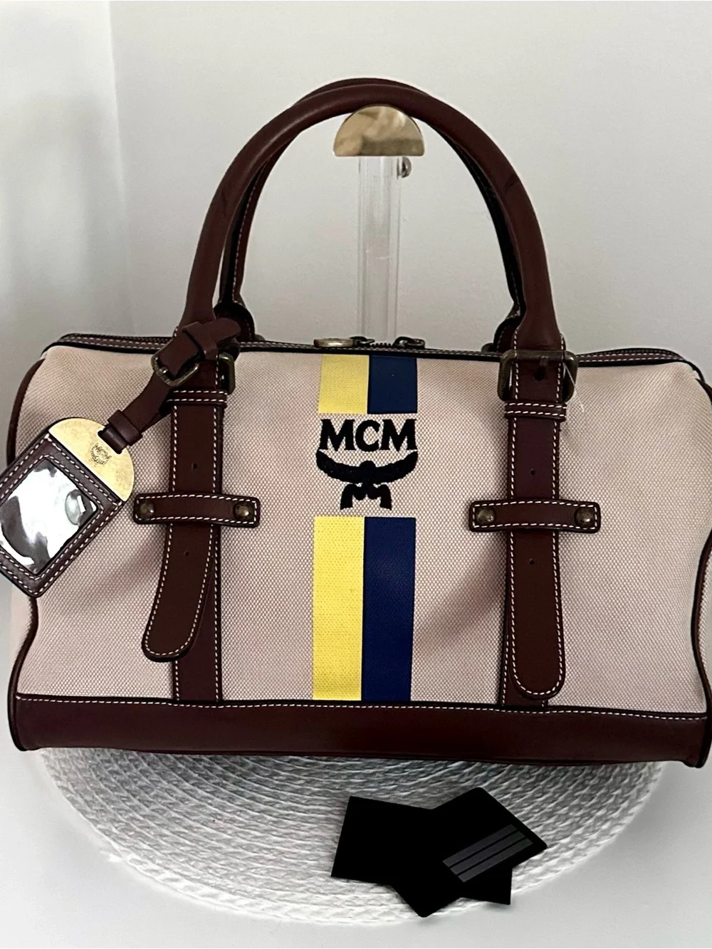MCM Limited Beige Canvas Brown Leather Trim Boston Weekender Duffle Bag Unisex