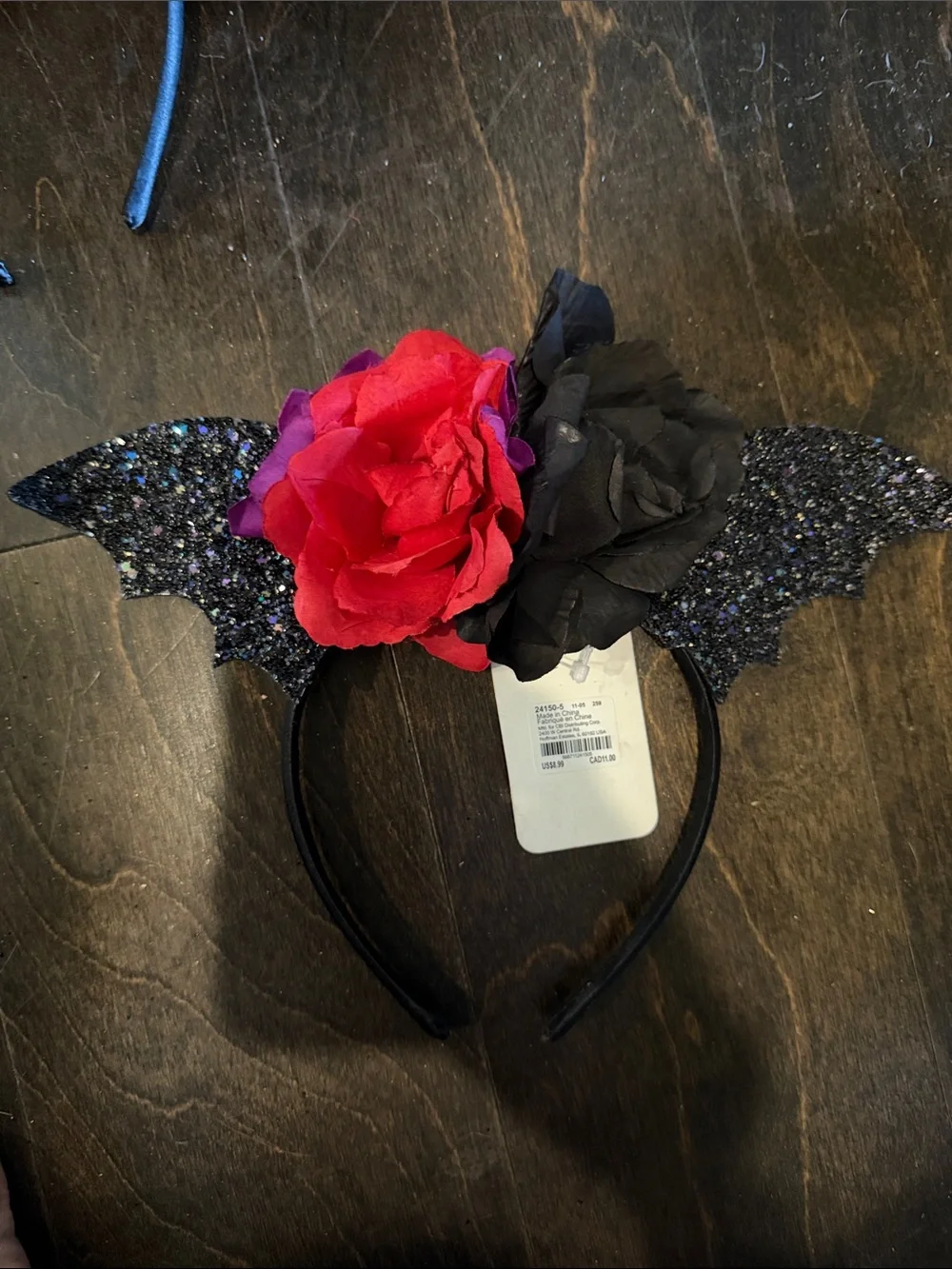 7 Glitter Bat Ear Headband for Kids with Black and red Flowers