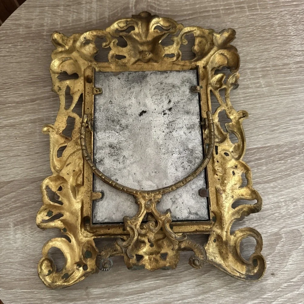 Antique Vtg Victorian Ornate Easel Picture Frame/Mirror Cast Iron Bronze Lion