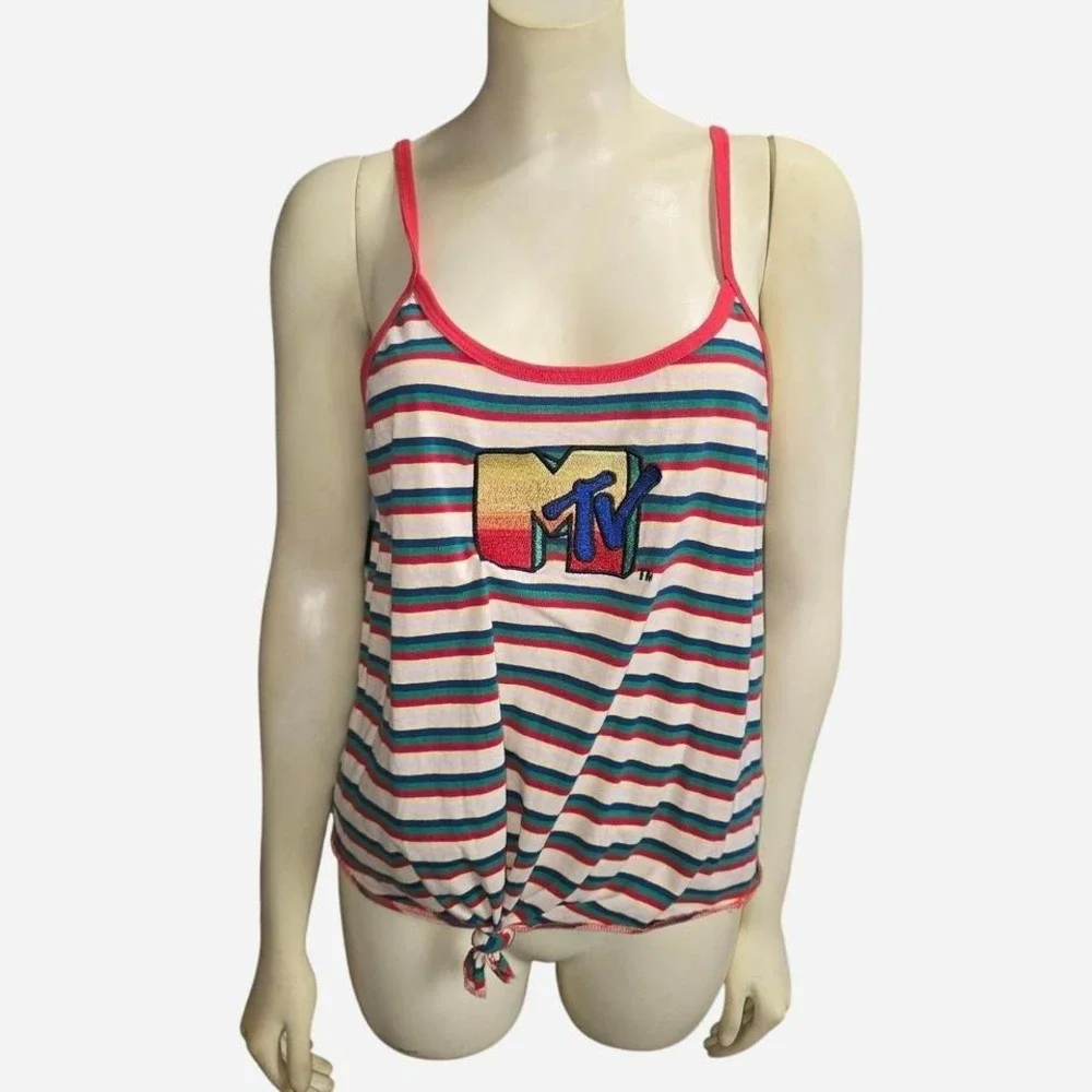 MTV‎ Logo Striped Tank Top Womens Size Large Rainbow Graphic Tie Front Camisole