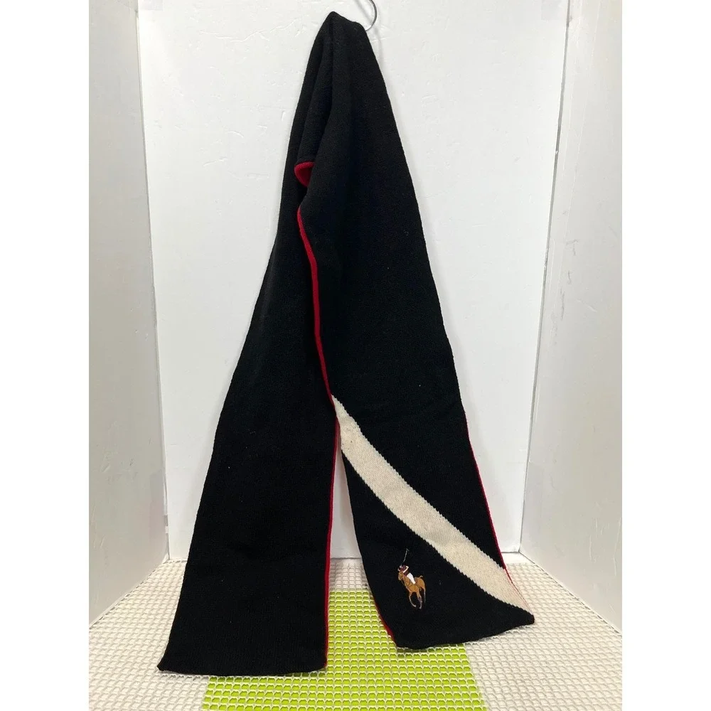 Polo Ralph Lauren Scarf Black Red Cream Lambswool Reversible Pony