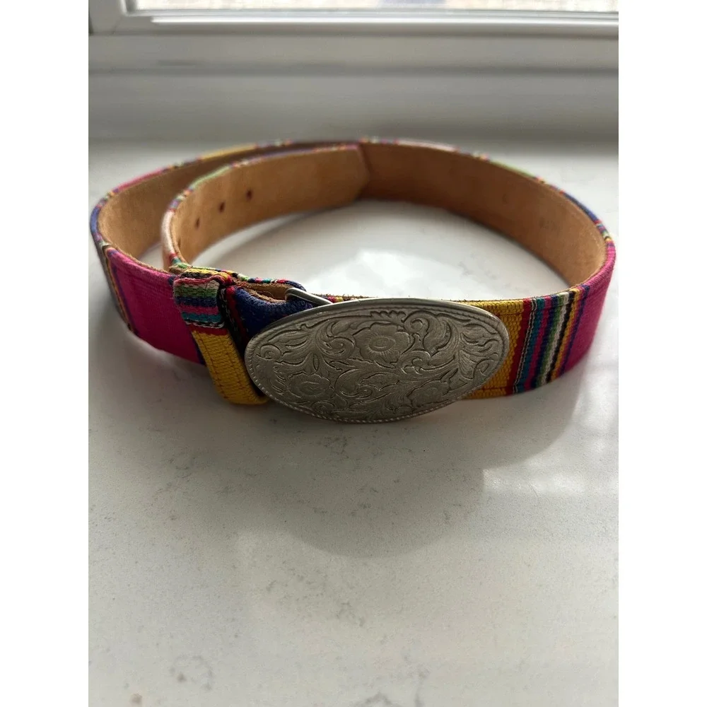 Kids Multicolor Striped Handwoven Textile Leather Belt Silver‎ Floral Buckle L
