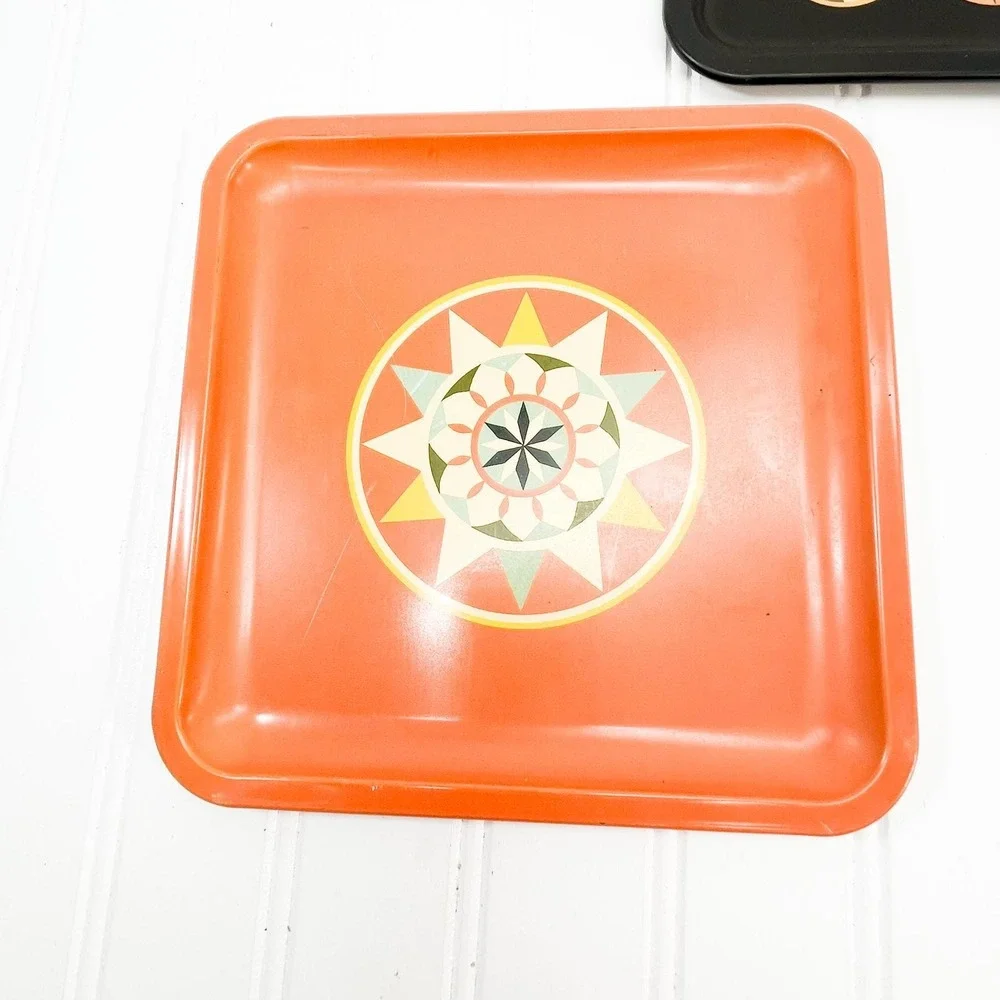 Midcentury Modern Metal Tray Set: Orange & Black Vintage Decor