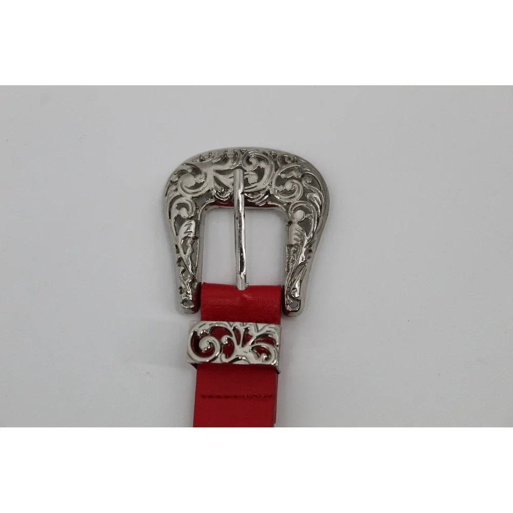 Red Triple Row Pyramid Studded Belt Western Engraved Buckle Punk Rock Edgy Women