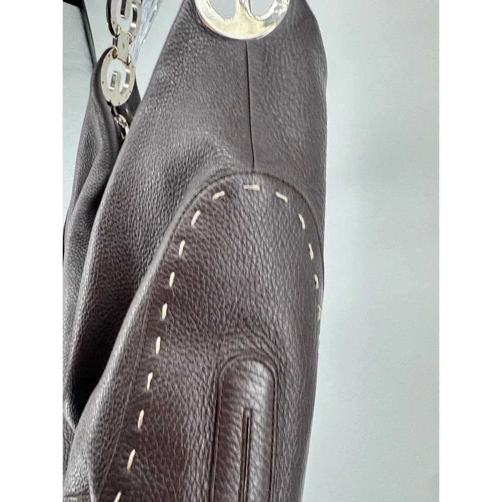 Vintage Escada Hobo Bag Purse L Brown Pebbled Leather Whipstitch Silver Italy