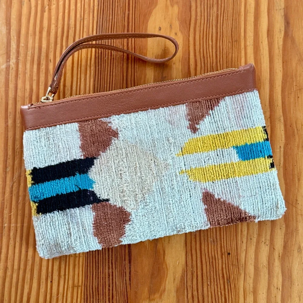 Elysian by Emily Morrison Silk Velvet Ikat Leather‎ Trim Wristlet Clutch Pouch