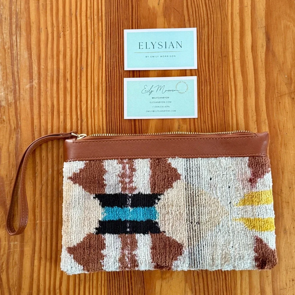 Elysian by Emily Morrison Silk Velvet Ikat Leather‎ Trim Wristlet Clutch Pouch