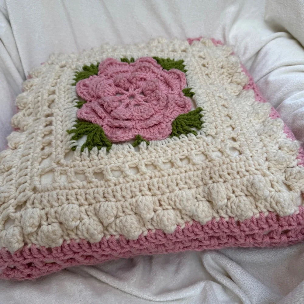 Handmade Crochet Rose Throw Pillow 15x15 Pink Cream Vintage Cottage 3D Floral
