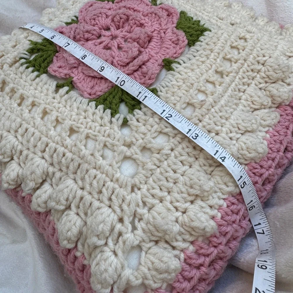 Handmade Crochet Rose Throw Pillow 15x15 Pink Cream Vintage Cottage 3D Floral