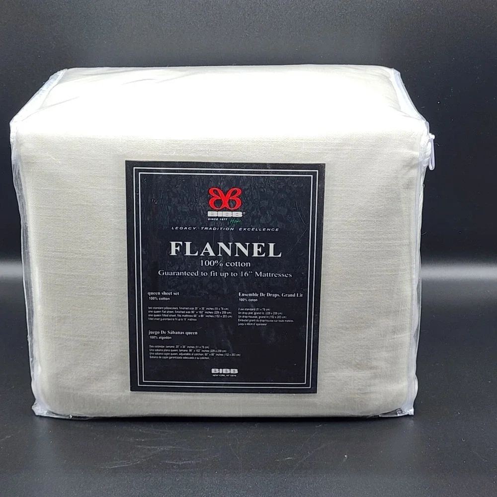 BIBB Home Heavy Cotton Flannel Sheet Set Queen Size Ivory 4pc Soft Cozy And Warm