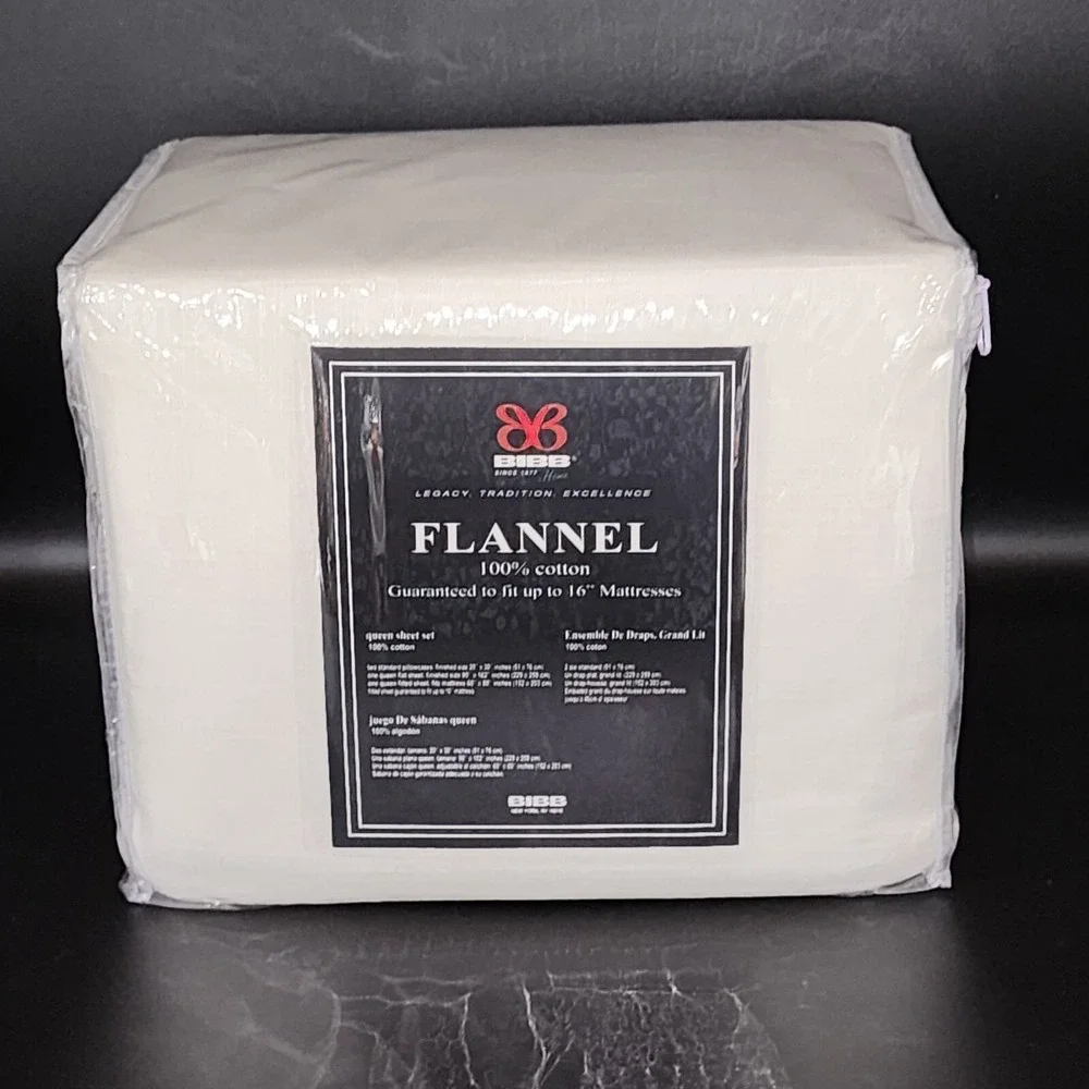 BIBB Home Heavy Cotton Flannel Sheet Set Queen Size Ivory 4pc Soft Cozy And Warm