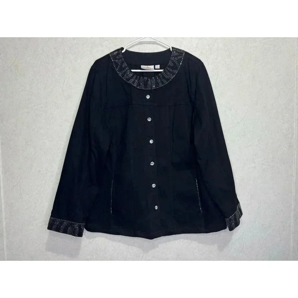 QUACKER FACTORY Black Jacket Rhinestones Button Front SZ 1X Goth Grunge Casual