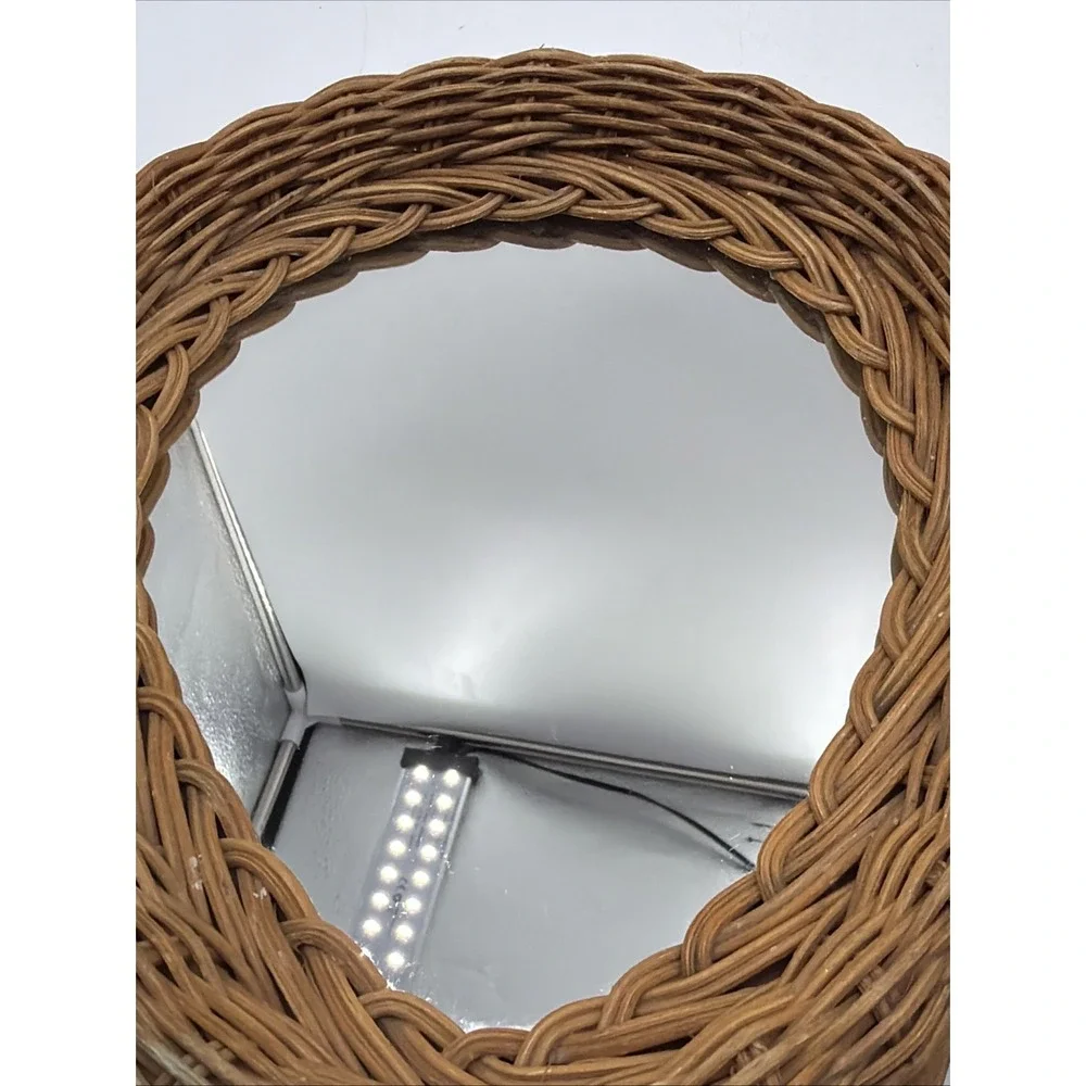 Retro Woven Wicker Rattan Vanity Bohemian Hand Held Mirror Tan