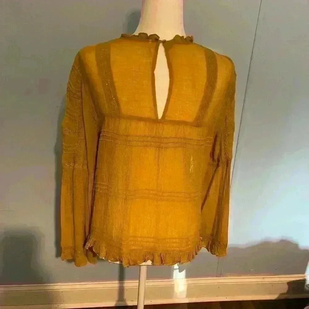 Free People Ladies Bell Sleeve Blouse Yellow boho ruffle peasant Size Small