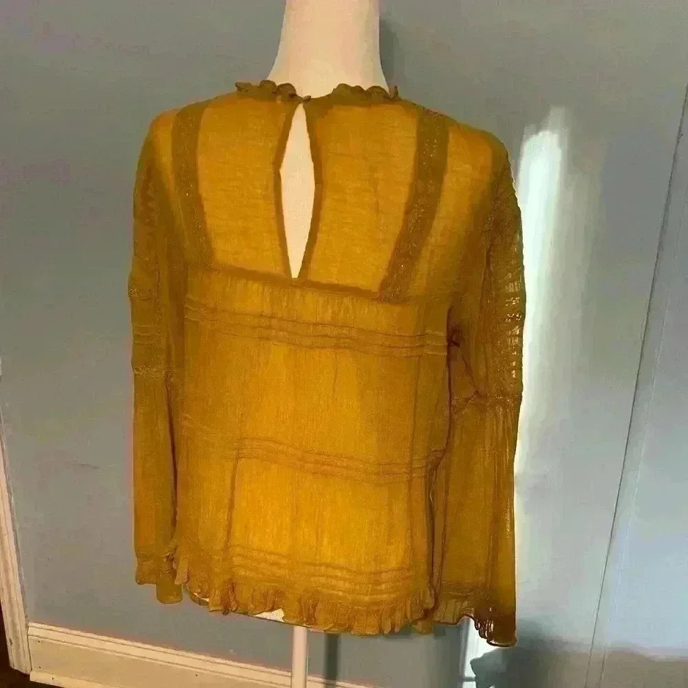 Free People Ladies Bell Sleeve Blouse Yellow boho ruffle peasant Size Small
