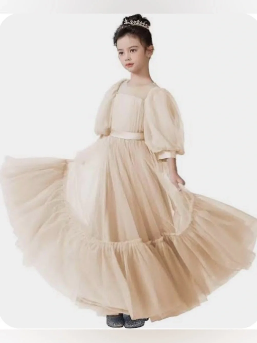 Dideyttawl Tulle Puffy Sleeve Flower Girl Dress Beige Various Sizes NWT