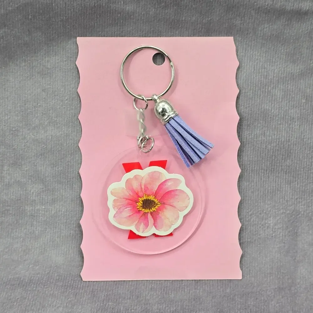 Letter Keychain Clear Silver Circle Handmade Acrylic Tassel Flower X Purple‎